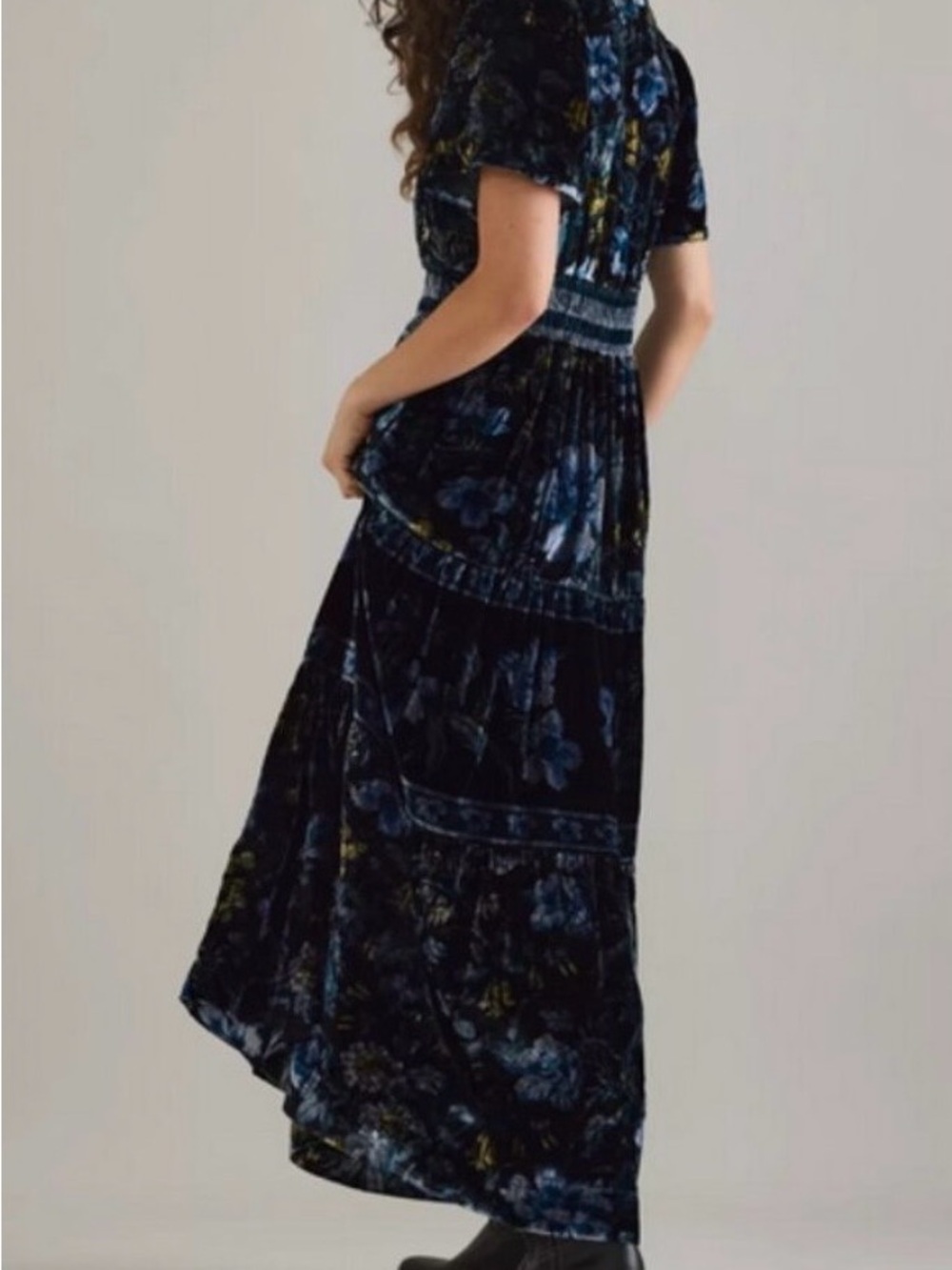 NWT Anthropologie Velvet Floral Somerset Midi Dress in Deep Blue-Black - Picture 7 of 11